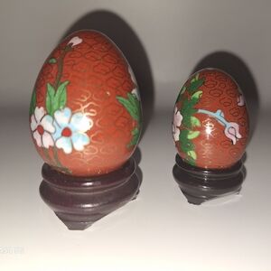 2 VINTAGE CLOISONNE RUST COLORED ENAMEL EASTER EGGS